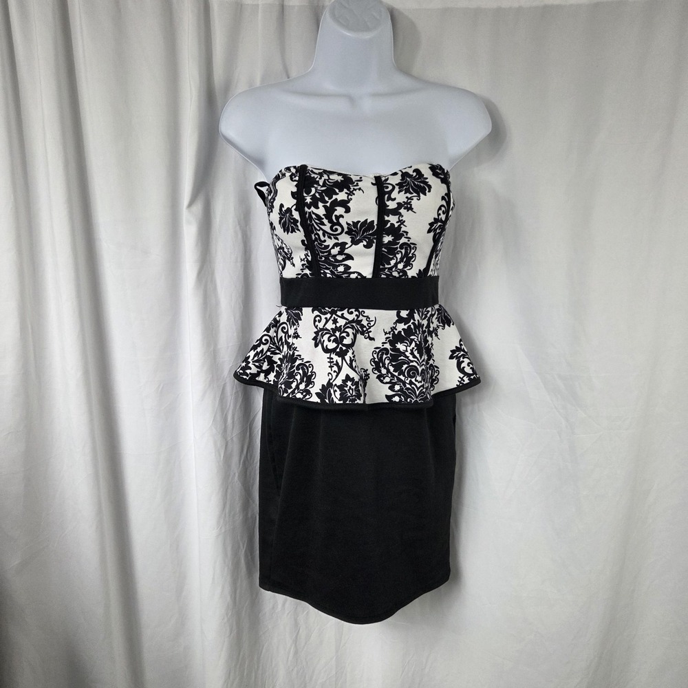 Chocolate Dress Womens Small Black White Floral Strapless Peplum Bodycon Party